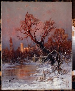 Gatchinan palatsin puistossa Pietarin lähellä. Kuvaus jäätyneestä järvestä, jossa on kiviportaat ja paljaat puut, taustalla palatsi, jota valaisee auringonvalo. tekijältä Julius Sergius Klever