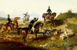 Frederick II metsästysseurueensa kanssa (öljy kankaalle) tekijältä Julius Zimmerman