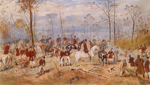 Metsästys. Julius von Blaasin (1845-1922) teos, akvarelli paperille, noin 1890. Itävaltalainen taide tekijältä Julius von Blaas