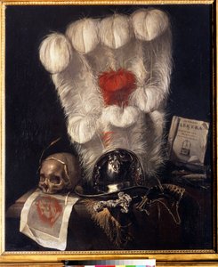 Vanity (Vanity), jossa kallo, jota ympäröi vehnän tähkä, kypärä, tikari (tai miekka), sarvi, höyhenet ja kopio Sophokleen "Electrasta". Jurlaen van Streeckin (1632-1687) maalaus. Öljy kankaalle, 98 x 84 cm tekijältä Jurian van Streeck or Streek