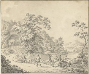 Maisema veneellä, jossa paimen laumansa kanssa tekijältä Jurriaan Andriessen (attributed to)