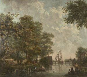 Kolme seinäverhoilua hollantilaismaisemilla Tapettimaalaus hollantilaisesta maisemasta avoimella sillalla Kolme tapettimaalausta hollantilaisesta maisemasta tekijältä Jurriaan Andriessen (attributed to)