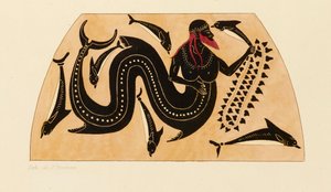 Koristeen vedos kreikkalaiselle amforalle, jossa Poseidon ja delfiinit, c1858. tekijältä Kaeppelin et Compagnie