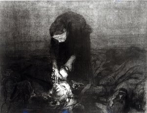 Taistelun jälkeen, sarjasta "Talonpoikien kapina", 1907 (etsaus, kaiverrus ja akvatinta) tekijältä Käthe Kollwitz