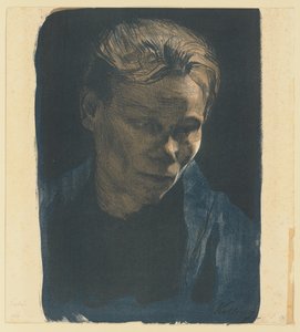 Puolipituinen muotokuva sinisellä huivilla varustetusta työväenluokan naisesta tekijältä Käthe Kollwitz