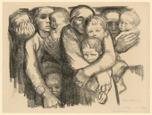 Äidit (hylätty 2. versio sarjan "Sota" 6. lehdestä, 1. tila) tekijältä Käthe Kollwitz