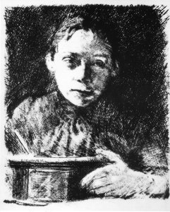 Omakuva piirustuspöydällä tekijältä Käthe Kollwitz