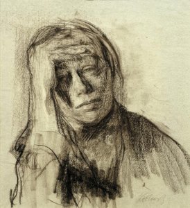 Selbstbildnis mit aufgestütztem rechten Arm, die Hand an der Stirn tekijältä Käthe Kollwitz