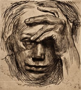 Selbstbildnis mit der Hand an der Stirn tekijältä Käthe Kollwitz