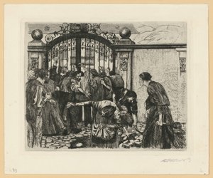 Hyökkäys (lehti 5 sarjasta "Kutojien kapina", 5. vedostila) tekijältä Käthe Kollwitz