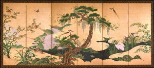 Birds and Flowers of Spring and Summer - Eino, Kano (1631-1697) - Second Half of the 17th cen. - Watercolour and ink on paper - 153x361 - Suntory Museum of Art tekijältä Kano Eino