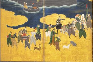 Yksityiskohta Southern Barbarians Come to Trade, pari kuusipaneelista näyttöä, 1600-luvun alku
