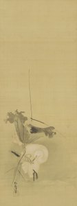 Heron ja lootus, Edo-kausi, 1600-luvun puoliväli - 1700-luvun alku (muste ja väri silkillä) tekijältä Kano Tsunenobu