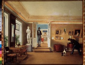 Huoneessa (Mies leikkii koiran kanssa, toinen tarkkailee niitä) - Huoneessa - Kapiton Aleksejevitš Zelentsovin (1790-1845) maalaus, öljy kankaalle - Venäläinen taide tekijältä Kapiton Alekseevich Zelentsov