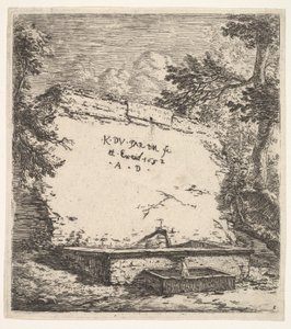 Etupaneeli porrastetulla suihkulähteellä, kivimuuri vesisuuttimella, joka kaataa vettä astiaan, 1652. tekijältä Karel Du Jardin