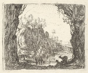 Puiden reunustama maisema vasemmalla ja oikealla etualalla, siluetit kaksi goa..., n. 1641-78. tekijältä Karel Du Jardin