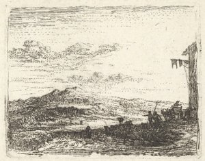 Maisema, jossa rakennuksen kulma ja markiisi oikeassa reunassa, kaksi hahmoa ja hevonen..., n. 1641-78. tekijältä Karel Du Jardin