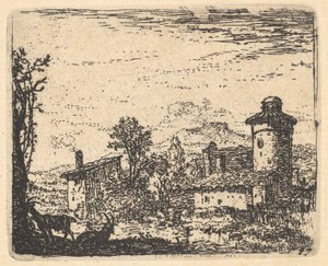 Maisema, jossa kaksi sarvikasta vuohet varjossa vasemmalla etualalla, kylärakennukset bey..., n. 1641-78. tekijältä Karel Du Jardin