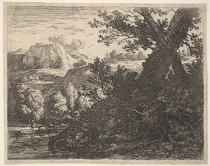 Puu, jonka juuret ovat paljastuneet puron, mäkisen maiseman ja q...:n takana kävelevän miehen varrella, 1659. tekijältä Karel Du Jardin