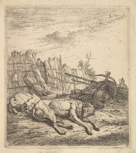 Kaksi maassa nukkuvaa koiraa, aura, maatalouskoneet, olkinippuja ja ..., n. 1641-78. tekijältä Karel Du Jardin