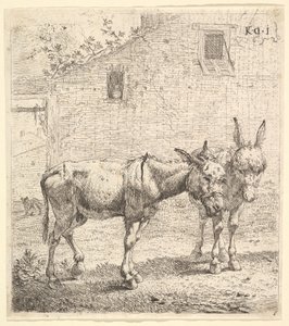 Kaksi aasia seisoo nurmipihalla, yksi profiilikuvassa oikealle ja toinen taakse..., 1652.