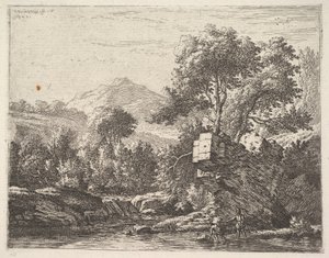 Kaksi miestä seisoo nilkoihin asti vesistössä, jonka takana on kivinen paljastus, rantakadulle, 1658. tekijältä Karel Du Jardin