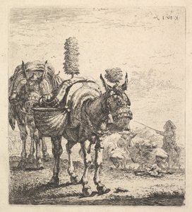Kaksi muulia, joissa on laukut ja jotka on varustettu silmälaseilla, täplillä ja tupsuilla, yksi mu..., n. 1641-78.
