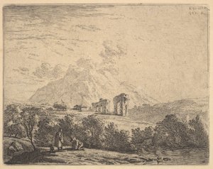 Näkymä rinteelle raunioilla, akveduktilla ja vuoren kalliolla takana, etualalla m..., 1658. tekijältä Karel Du Jardin