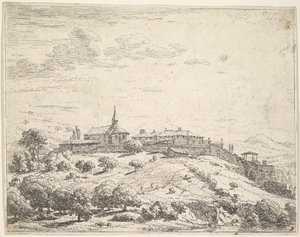 Aidattu kylä kukkulalla, jossa kirkko vasemmalla ja rakennukset rakennettiin alarinteeseen..., 1658. tekijältä Karel Du Jardin