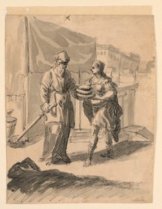 Piirros, Hahmo esittelee leipiä kenraalille, n. 1650.