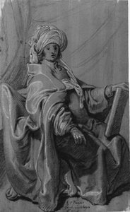 Istuva hahmo viitta ja turbaani, kädessään kirja. Oikealle päin. tekijältä Karel van III Mander
