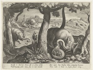 Olifant tapasi slangin taisteluissa Jachttaferelen (sarjan nimi) Villiriistan, lintujen ja kalojen metsästys Bestiaryssa (sarjan nimi) tekijältä Karel van Mallery (attributed to)