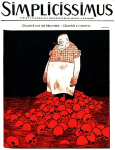 Saksalaisen Simplicissimus-lehden (noin ) kansi kuvaa Churchilliä sekä veri- ja pääkallojokea. noin 1940 (litografia).
