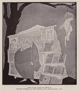Amor roikkuu puussa pornografiaa myyvän katukioskin yläpuolella (litografia)