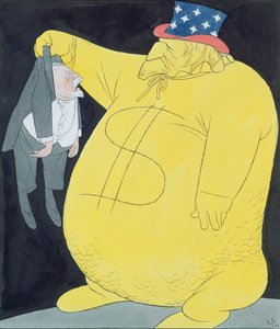 Setä Samuli dollarisäkkinä ja Poincare (vesiväri, tussi ja muste paperille)