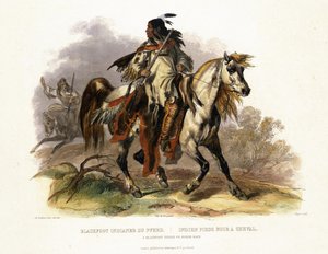 Mustajalkaintiaani hevosen selässä, levy 19 kirjan "Travels in the Interior of North America" 1. osasta, kaiverrus Leopold Beyer (1784-n.1870) 1843 (akvatinta) tekijältä Karl Bodmer