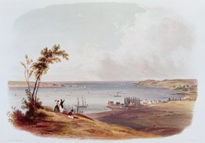 Pääsy New Yorkin lahdelle, Staten Island, kaiverrettu Salathe (väri litho) tekijältä Karl Bodmer