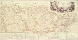Kartta, joka havainnollistaa Wiedin prinssi Maximilianin reittiä Pohjois-Amerikan sisäosissa Bostonista Ylä-Missouriin tekijältä Karl Bodmer