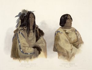 Mehkskeme-Sukahs, Blackfoot Chief ja Tatsicki-Stomick, Piekannin päällikkö, levy 45 "Travels in the Interior of North America" -julkaisun 2. osasta, kaiverrus Allais, 1844 (akvatinta) tekijältä Karl Bodmer