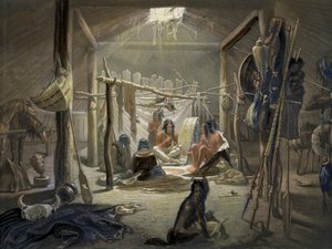 Mandan-heimopäällikön majan sisätilat, levy 19 teoksen Travels in the Interior of North America (Matkat Pohjois-Amerikan sisämaassa) niteestä 2, kaivertaja Narcisse Desmadryl, 1844, värillinen akvatintta, yksityiskohta 103848:sta. tekijältä Karl Bodmer