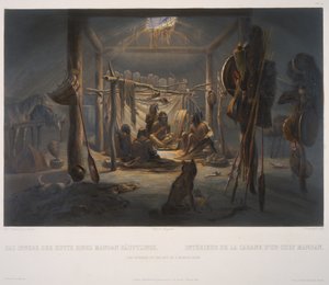 Mandanipäällikön majan sisustus tekijältä Karl Bodmer
