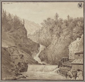 Näkymä Lendin lähellä sijaitsevalle vesiputoukselle Salzburgin alueella tekijältä Karl Friedrich Schinkel