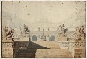 Armida. Christoph Willibald Gluckin ooppera. Luonnos 1. lavastusta varten. Palatsi portaikkoineen tekijältä Karl Friedrich Schinkel