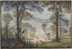 Armida. Christoph Willibald Gluckin ooppera. Luonnos 3. näyttämökuvaksi. Köynnöksin koristeltu lehto järven rannalla tekijältä Karl Friedrich Schinkel