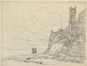 Vuoristomaisema, torninraunioita ja hahmoja tekijältä Karl Friedrich Schinkel