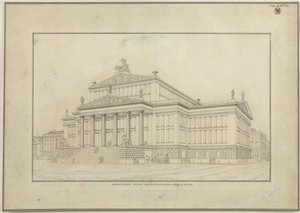 Berliini. Gendarmenmarktin teatteri. Etusivun perspektiivikuva tekijältä Karl Friedrich Schinkel