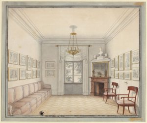Berliini. Charlottenburgin linna, linnanpuisto, Uusi paviljonki (Schinkel-paviljonki). Näkymä Valkoisesta huoneesta yläkerran huoneiden suunnittelumallina tekijältä Karl Friedrich Schinkel