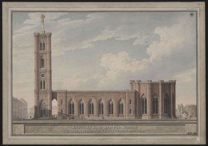 Berliini, Spittelmarkt. Gertraudenkirchen suunnitelma. Ulkonäkymä tekijältä Karl Friedrich Schinkel