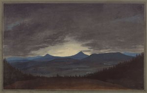 Böömiläinen vuorijono iltahämärässä tekijältä Karl Friedrich Schinkel