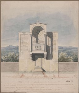 Bonn. Luonnos Barthold Georg Niebuhrin hautamuistomerkiksi, jossa on avioparin reliefimuotokuva tekijältä Karl Friedrich Schinkel